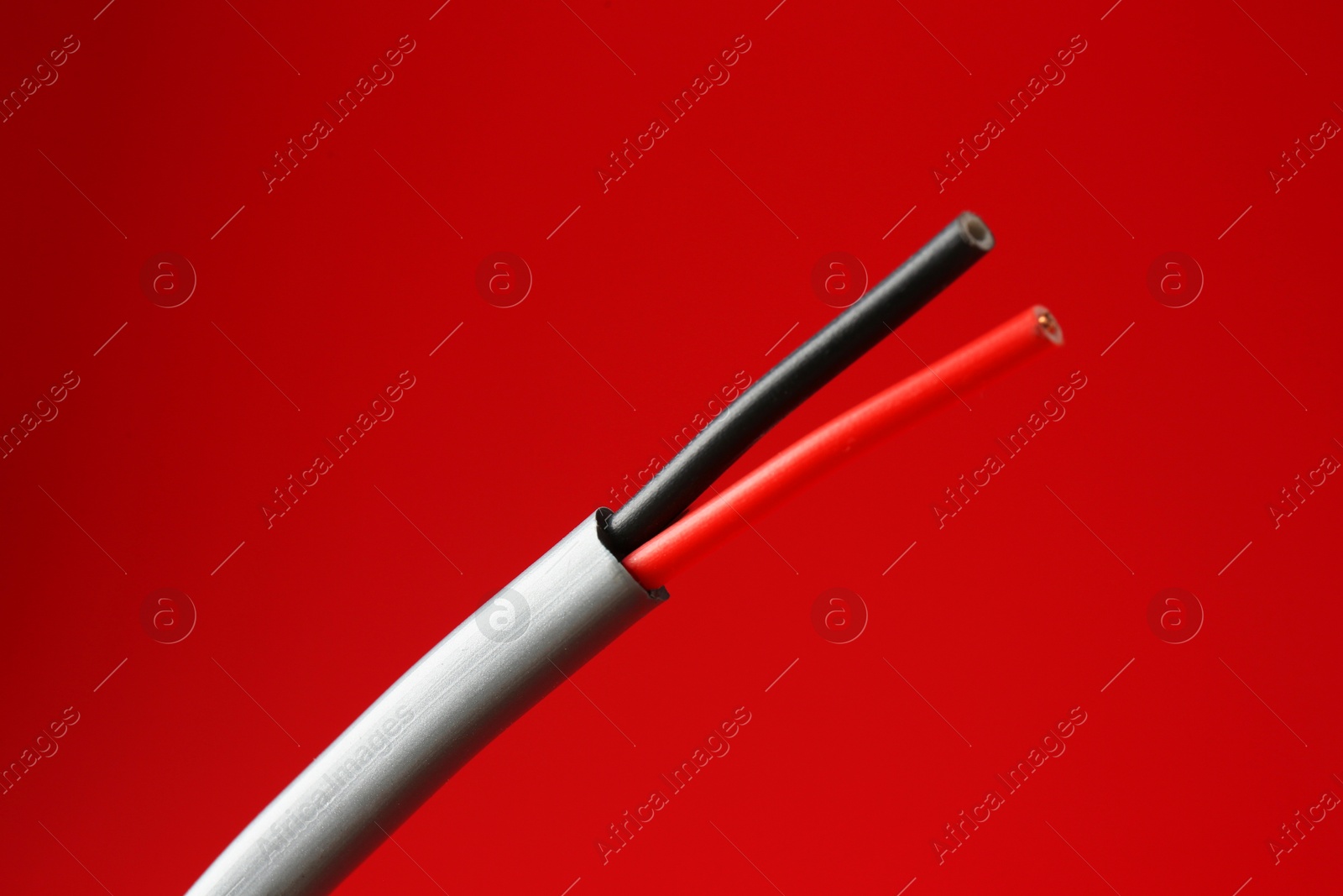 Photo of Stripped electrical wire on red background, closeup