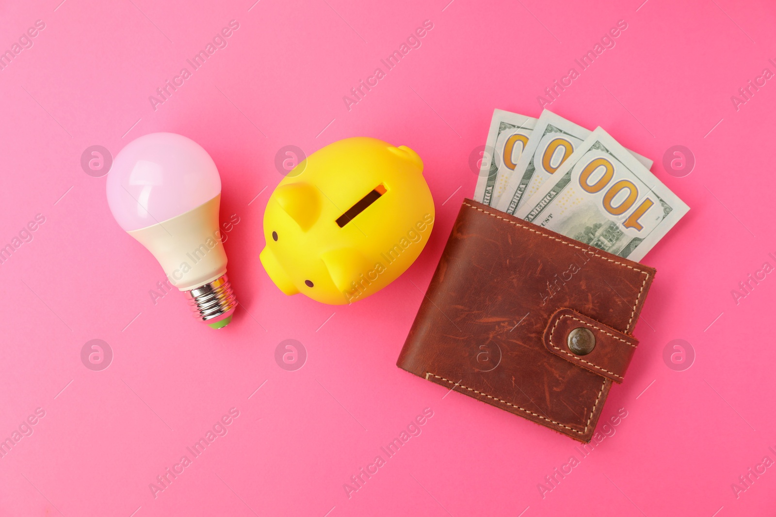 Photo of Piggy bank, light bulb and purse with dollar banknotes on pink background, flat lay. Energy saving concept