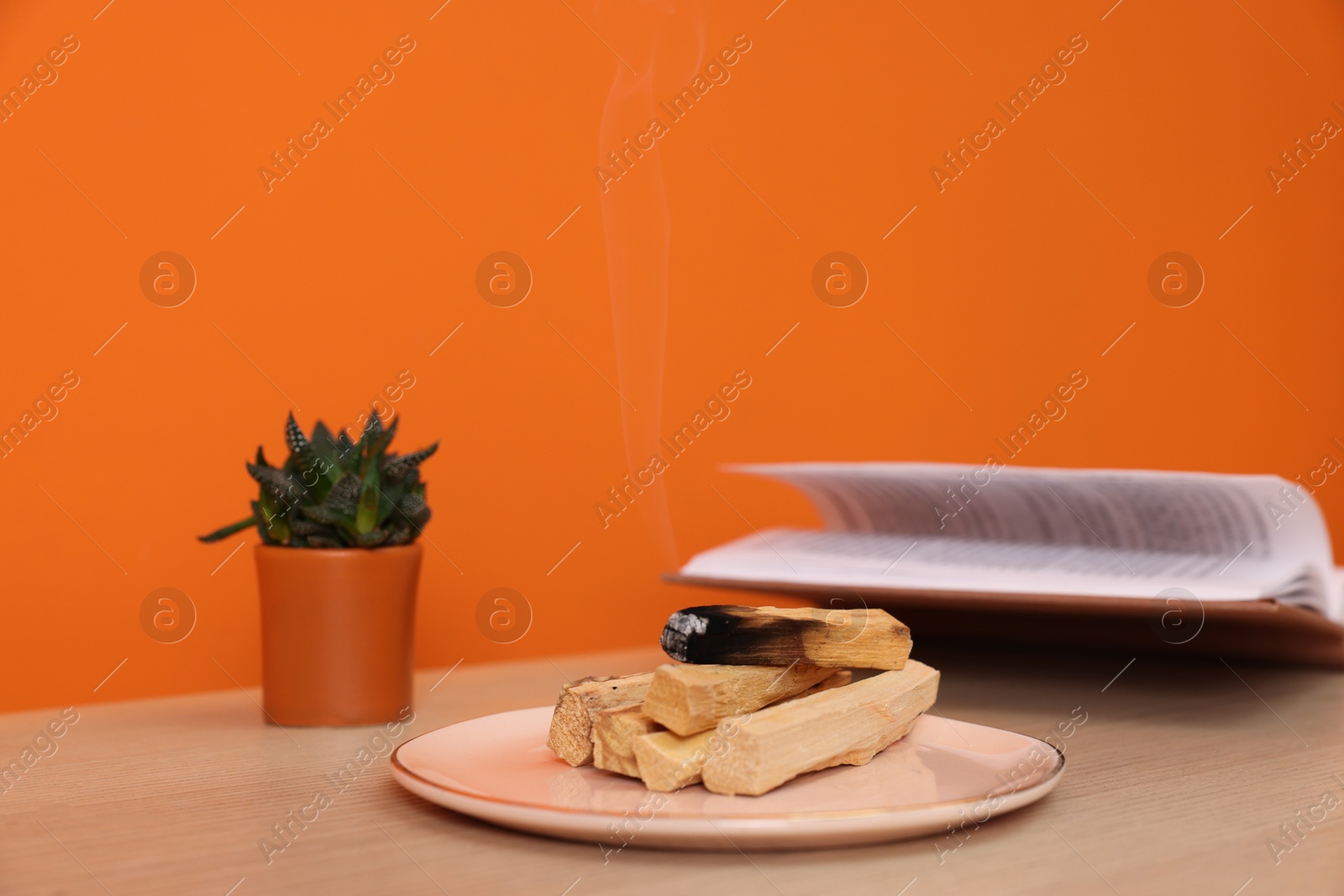 Photo of Palo santo sticks, book and houseplant on wooden table against orange wall, space for text