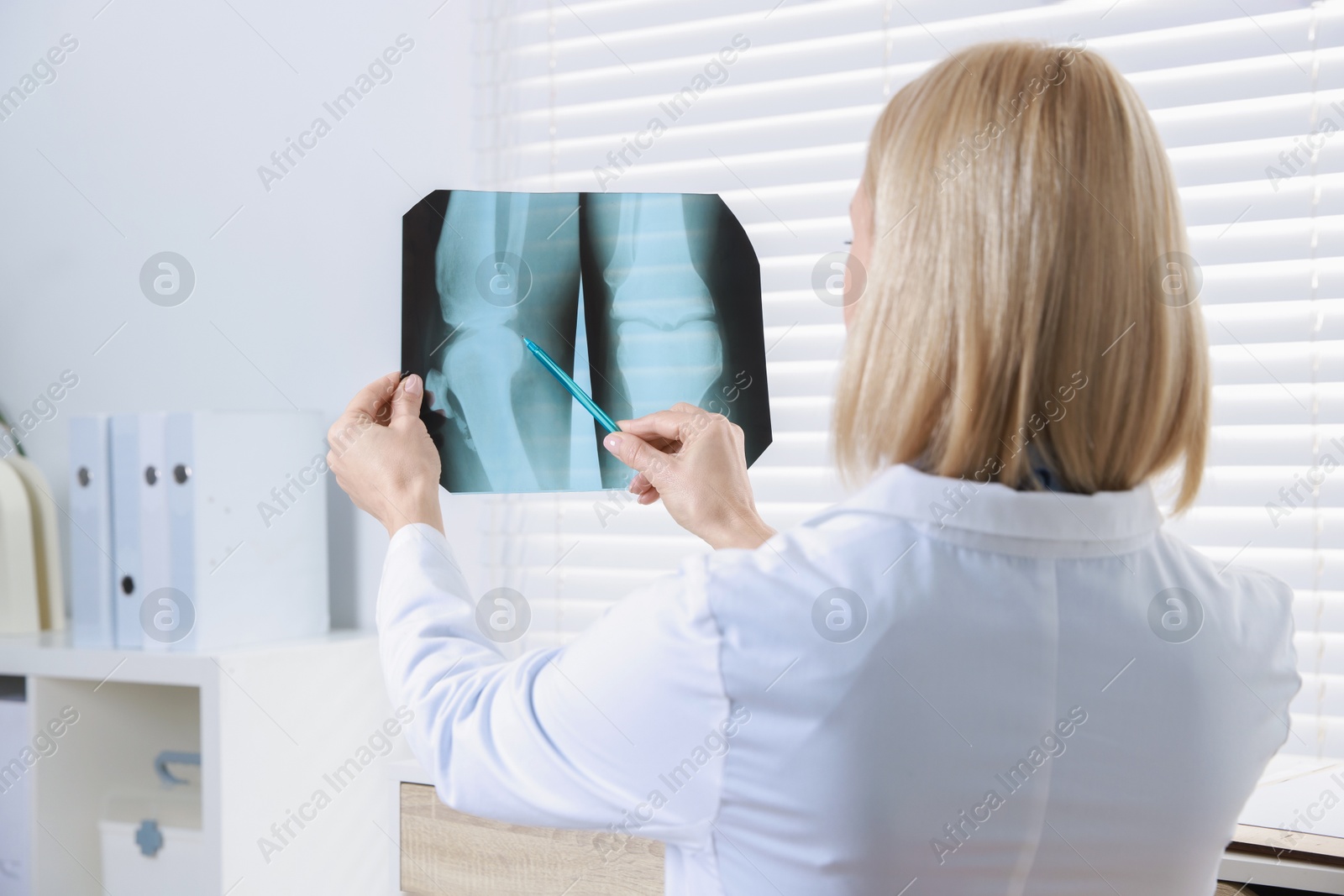 Photo of Doctor with pen examining knee x-ray in clinic, space for text