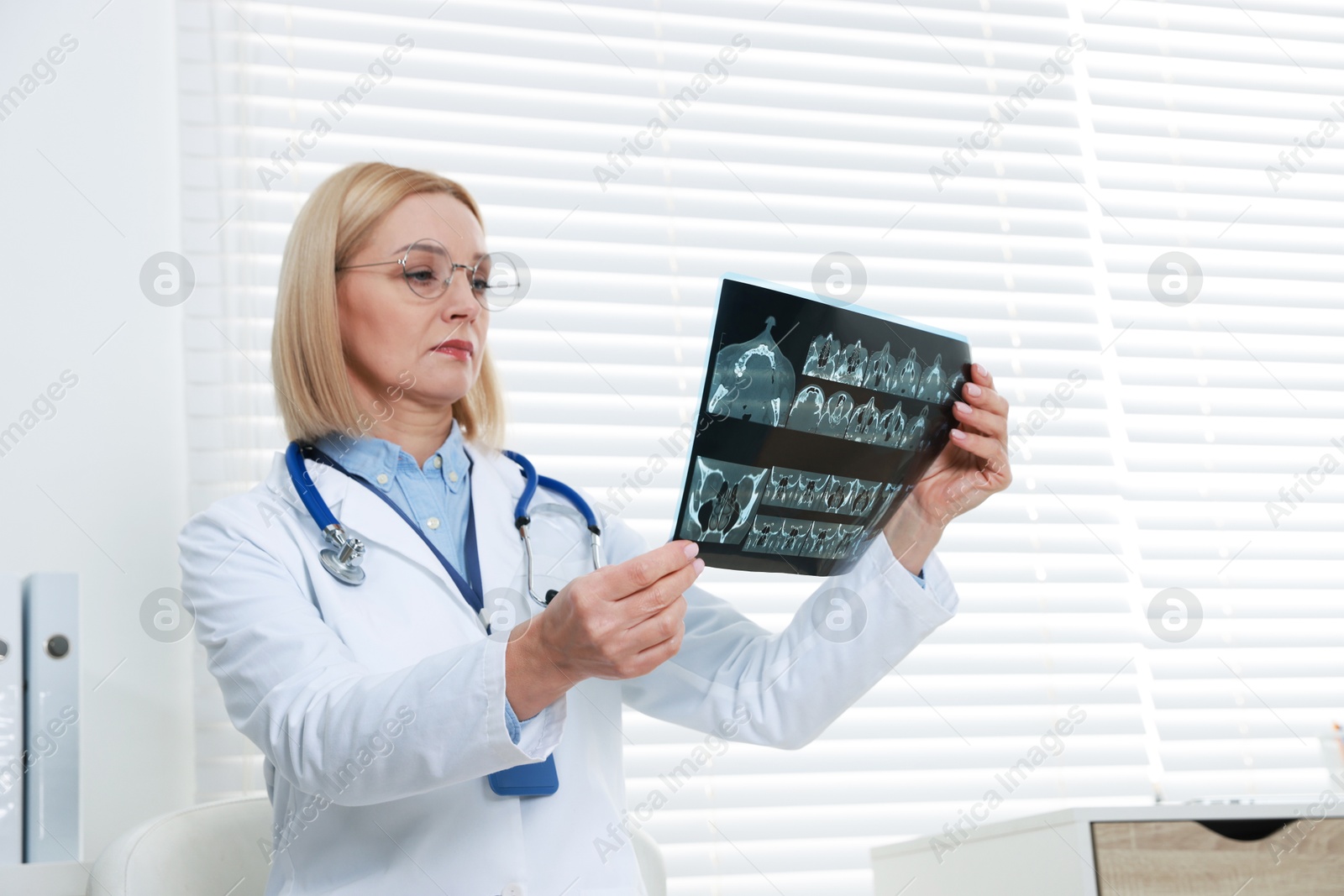 Photo of Doctor examining x-ray image of paranasal sinuses in clinic, space for text