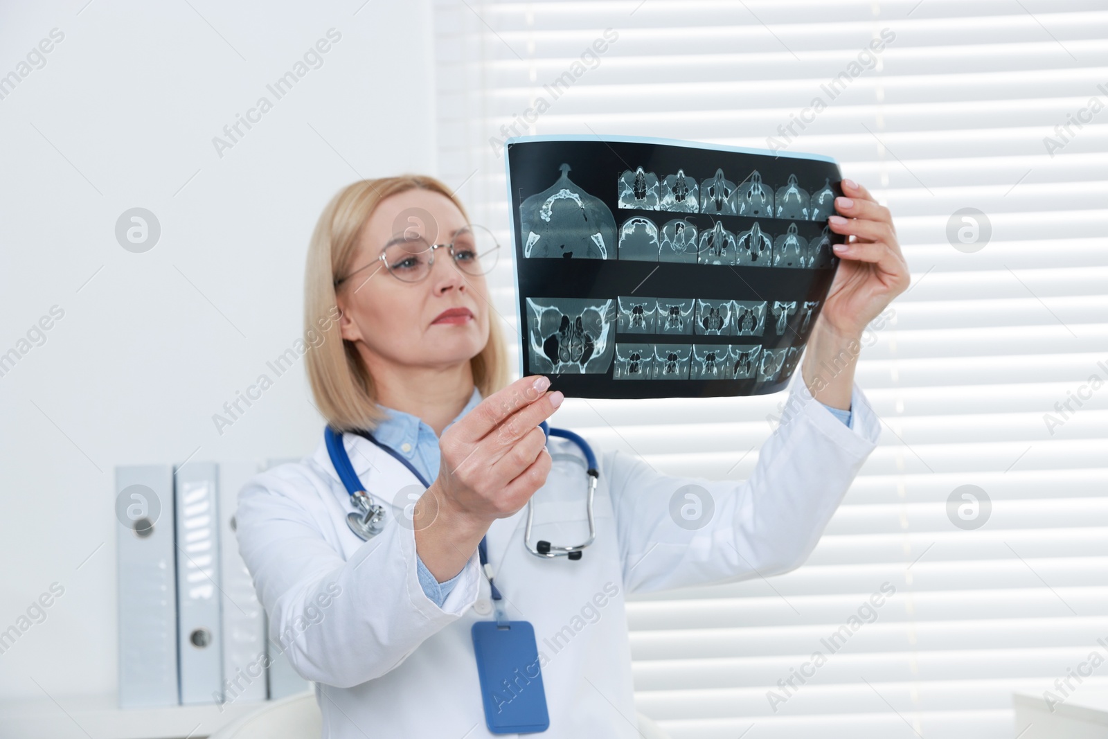 Photo of Doctor examining x-ray image of paranasal sinuses in clinic