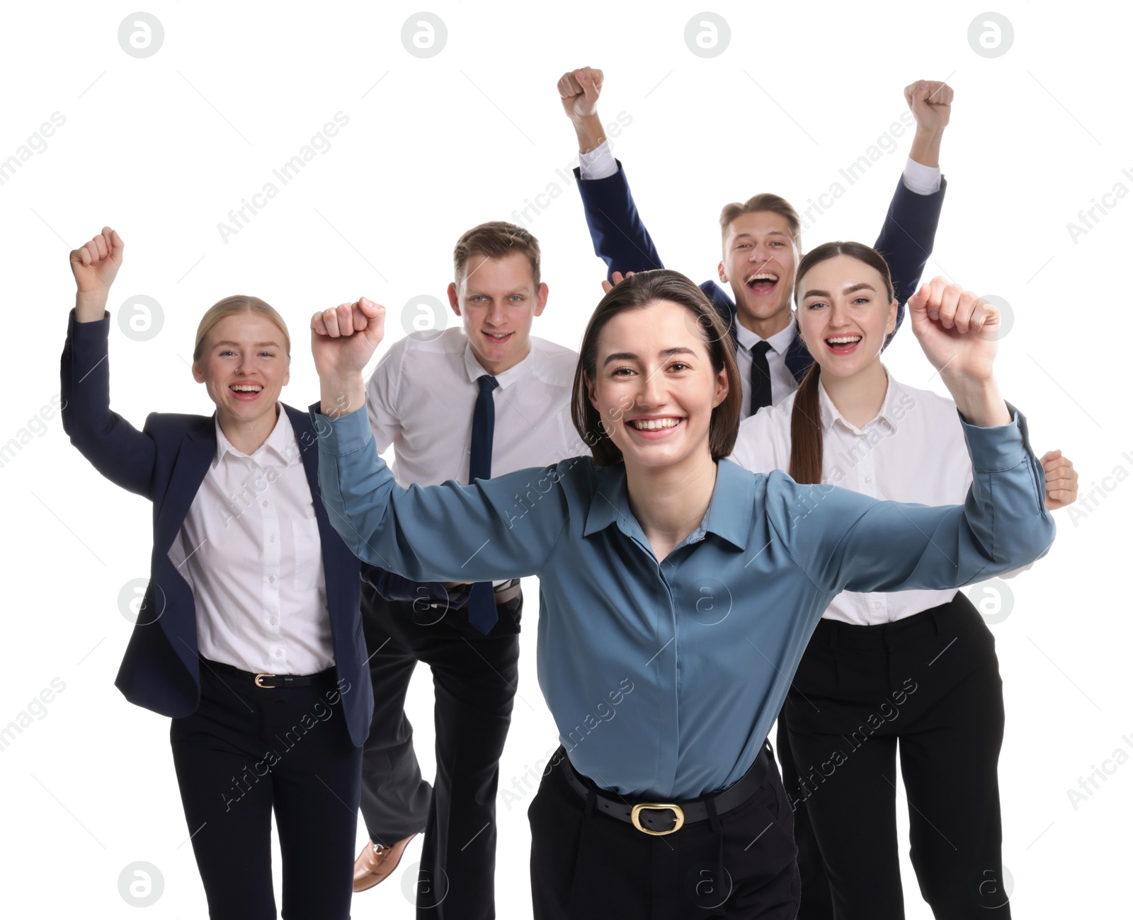 Photo of Competition concept. Happy businesswoman running ahead of her colleagues on white background