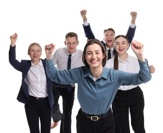 Competition concept. Happy businesswoman running ahead of her colleagues on white background