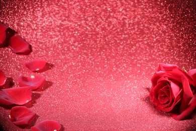 Photo of Romantic decor. Beautiful rose on shiny pink glitter and heart shaped lights, space for text. Bokeh effect