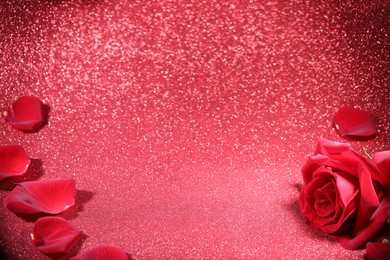 Photo of Romantic decor. Beautiful rose on shiny pink glitter and heart shaped lights, space for text. Bokeh effect