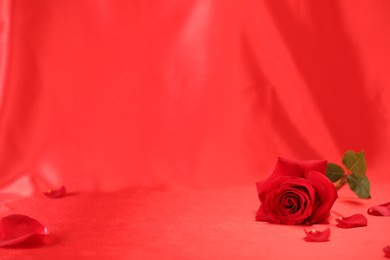 Photo of Romantic decor. Beautiful rose and petals on crumpled red silk fabric, space for text