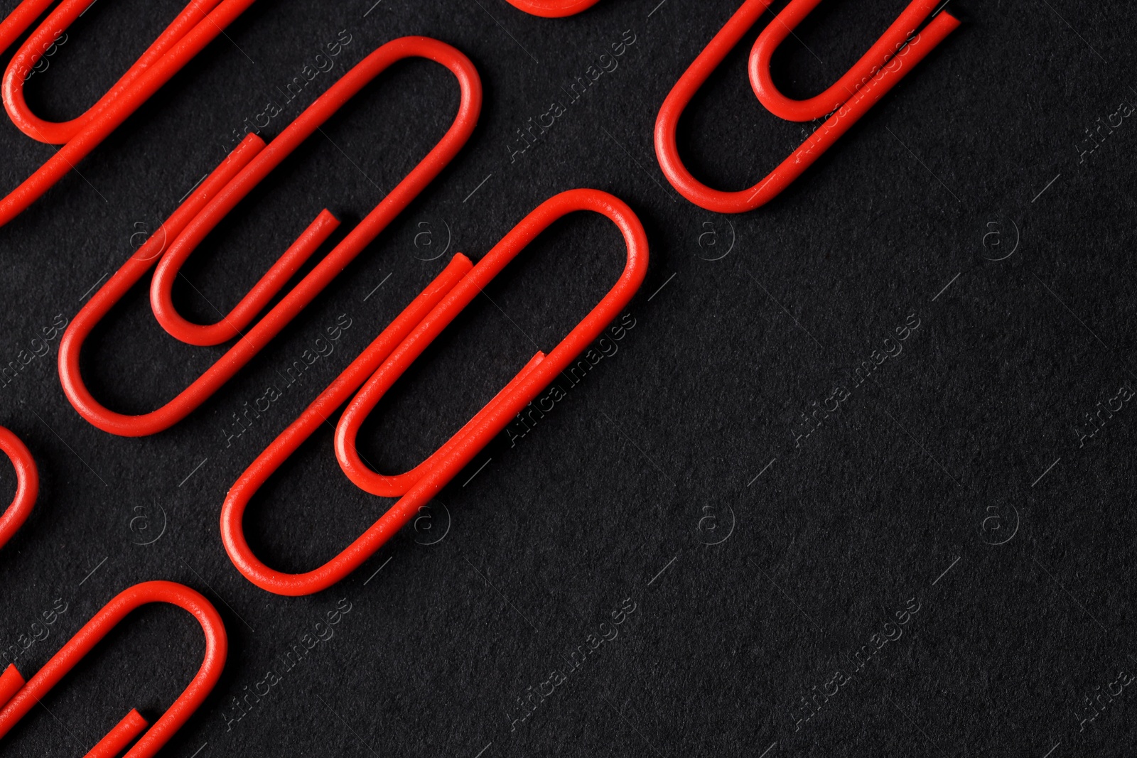 Photo of Red paper clips on black background, flat lay. Space for text