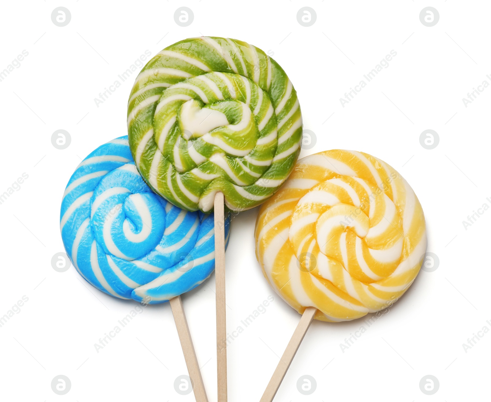 Photo of Tasty lollipops isolated on white, top view