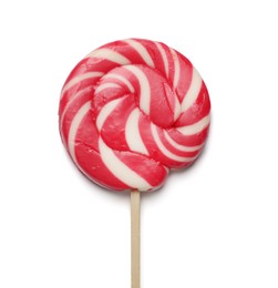 Photo of Tasty striped lollipop isolated on white, top view