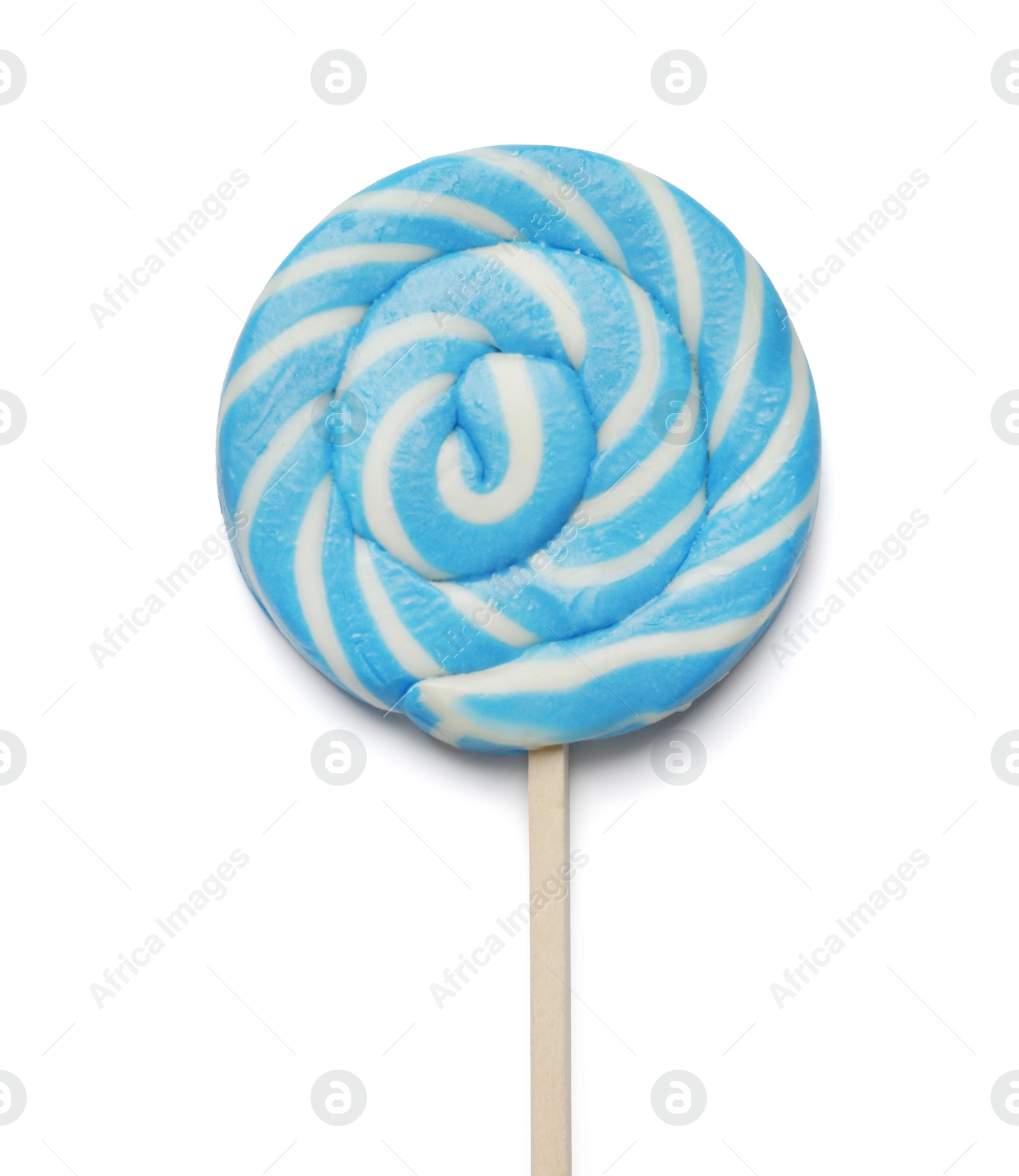 Photo of Tasty striped lollipop isolated on white, top view