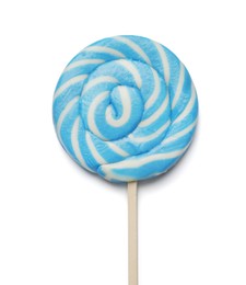 Photo of Tasty striped lollipop isolated on white, top view