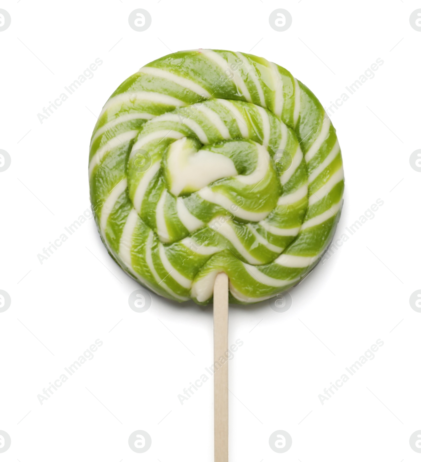 Photo of Tasty striped lollipop isolated on white, top view