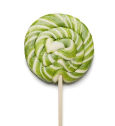 Tasty striped lollipop isolated on white, top view