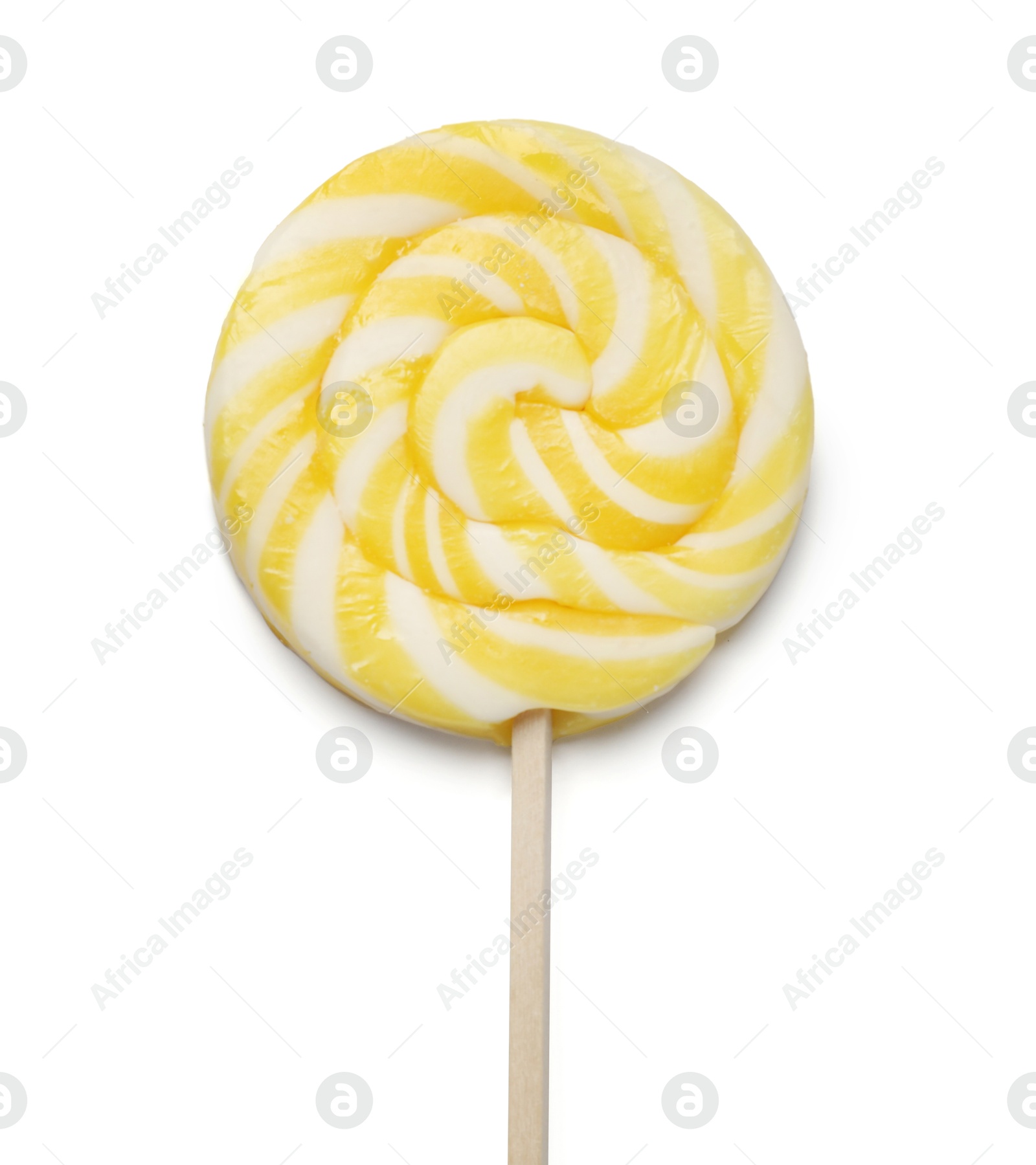 Photo of Tasty striped lollipop isolated on white, top view