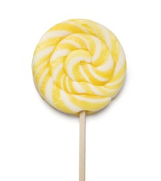 Tasty striped lollipop isolated on white, top view