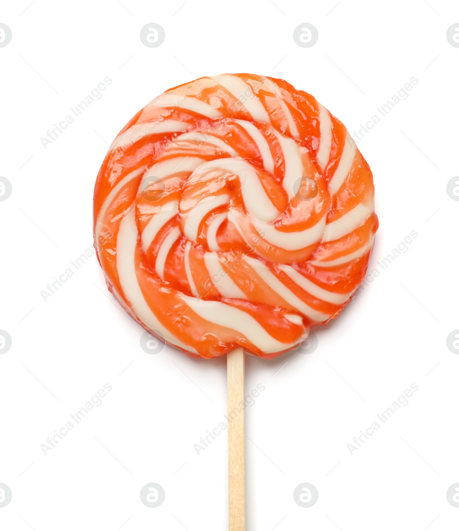 Photo of Tasty striped lollipop isolated on white, top view