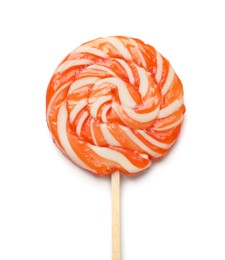 Tasty striped lollipop isolated on white, top view