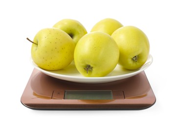 Photo of Modern electronic kitchen scale with apples isolated on white