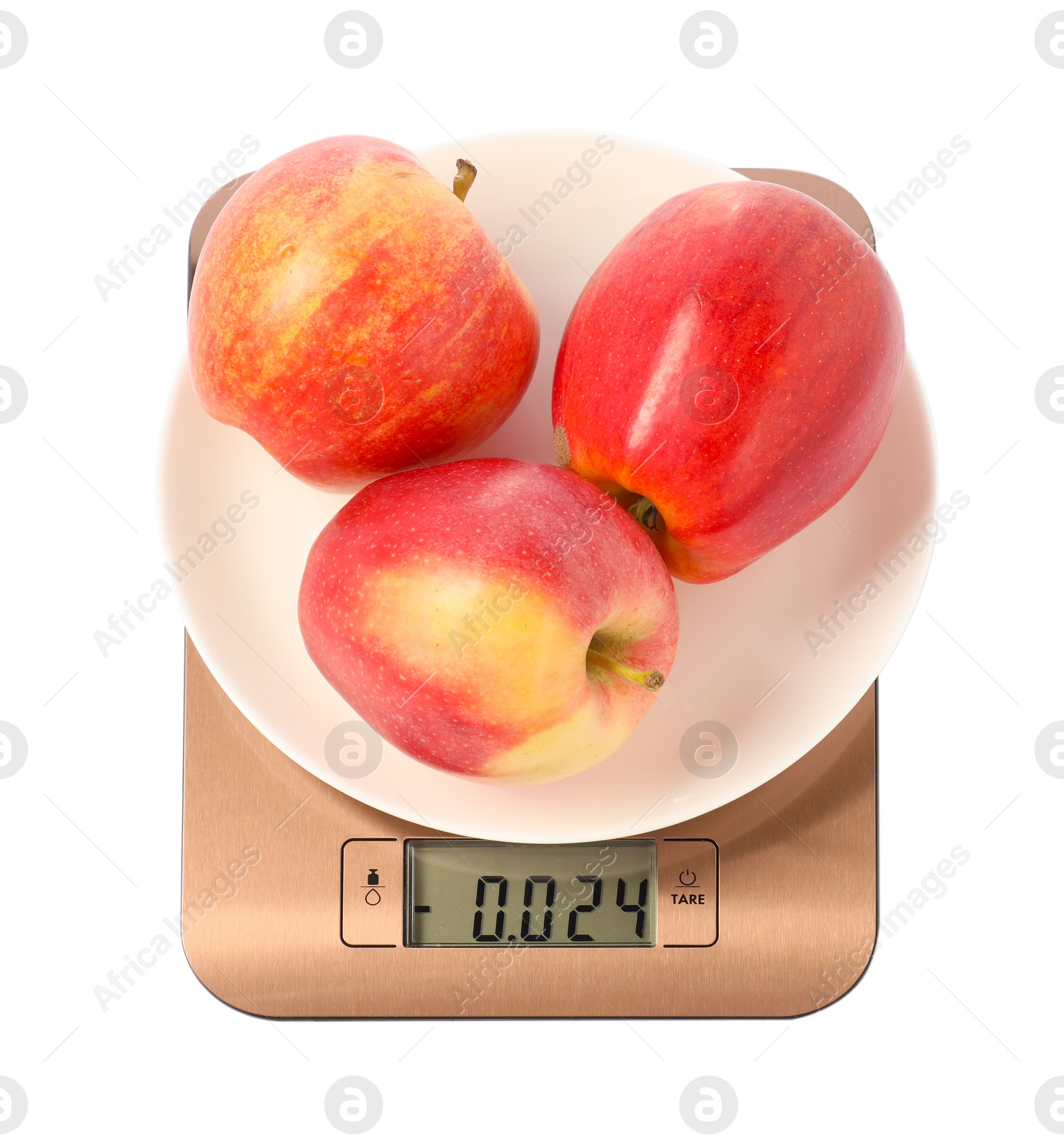 Photo of Modern electronic kitchen scale with apples isolated on white, above view