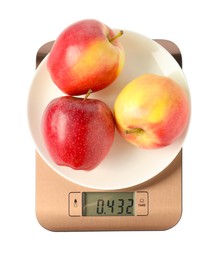 Photo of Electronic kitchen scale with plate of apples isolated on white, top view