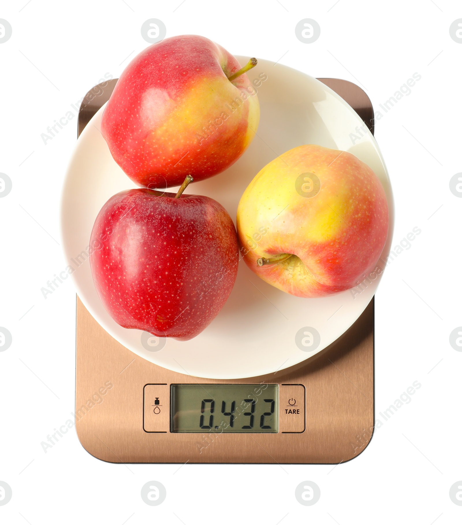 Photo of Electronic kitchen scale with plate of apples isolated on white, top view