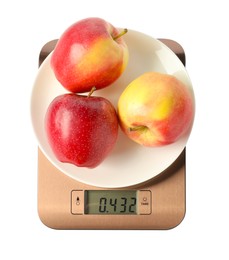 Photo of Electronic kitchen scale with plate of apples isolated on white, top view