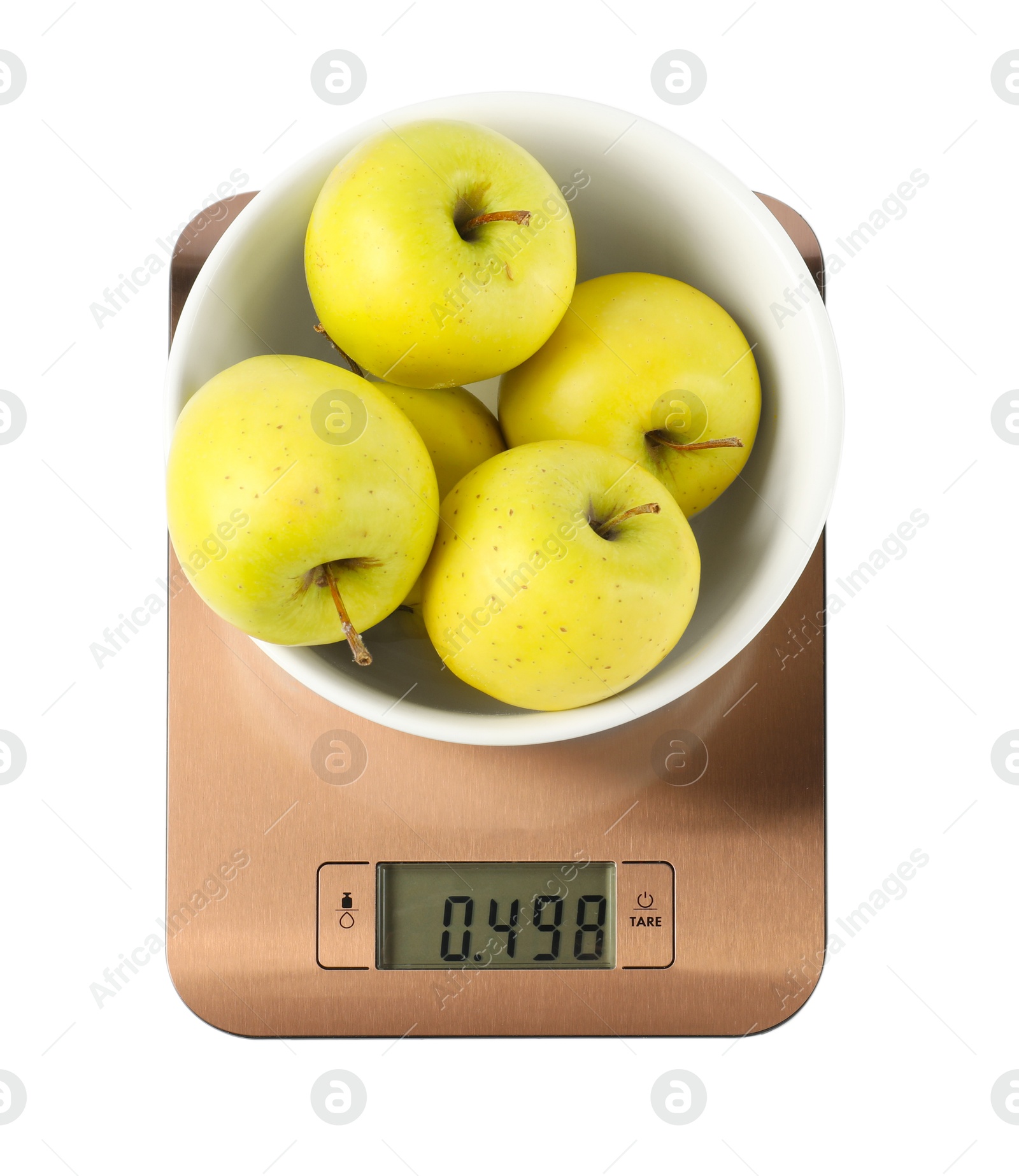 Photo of Electronic kitchen scale with bowl of apples isolated on white, top view