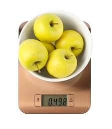 Photo of Electronic kitchen scale with bowl of apples isolated on white, top view