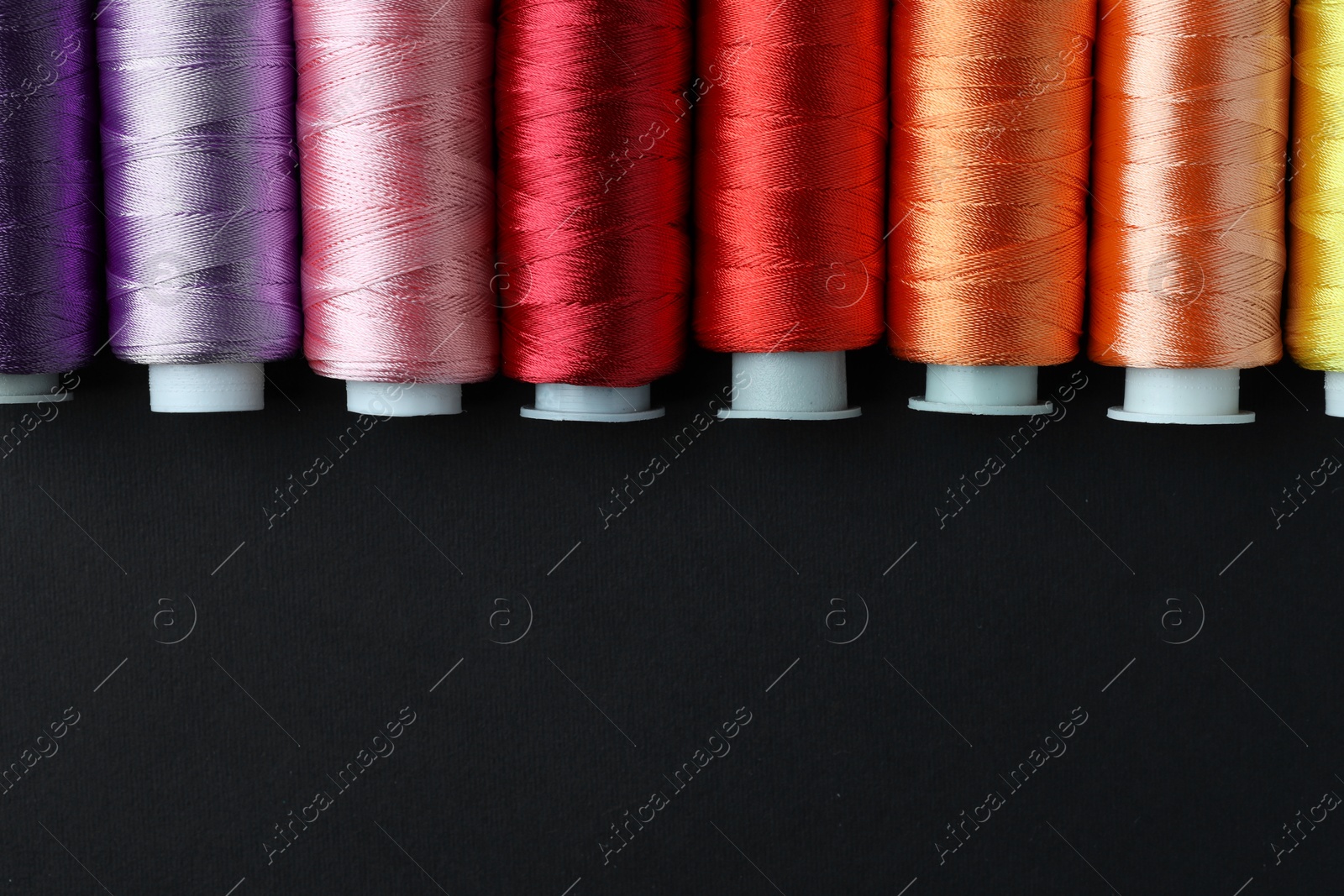 Photo of Spools of colorful sewing threads on black background, flat lay. Space for text