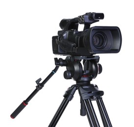 Photo of Modern video camera with tripod isolated on white