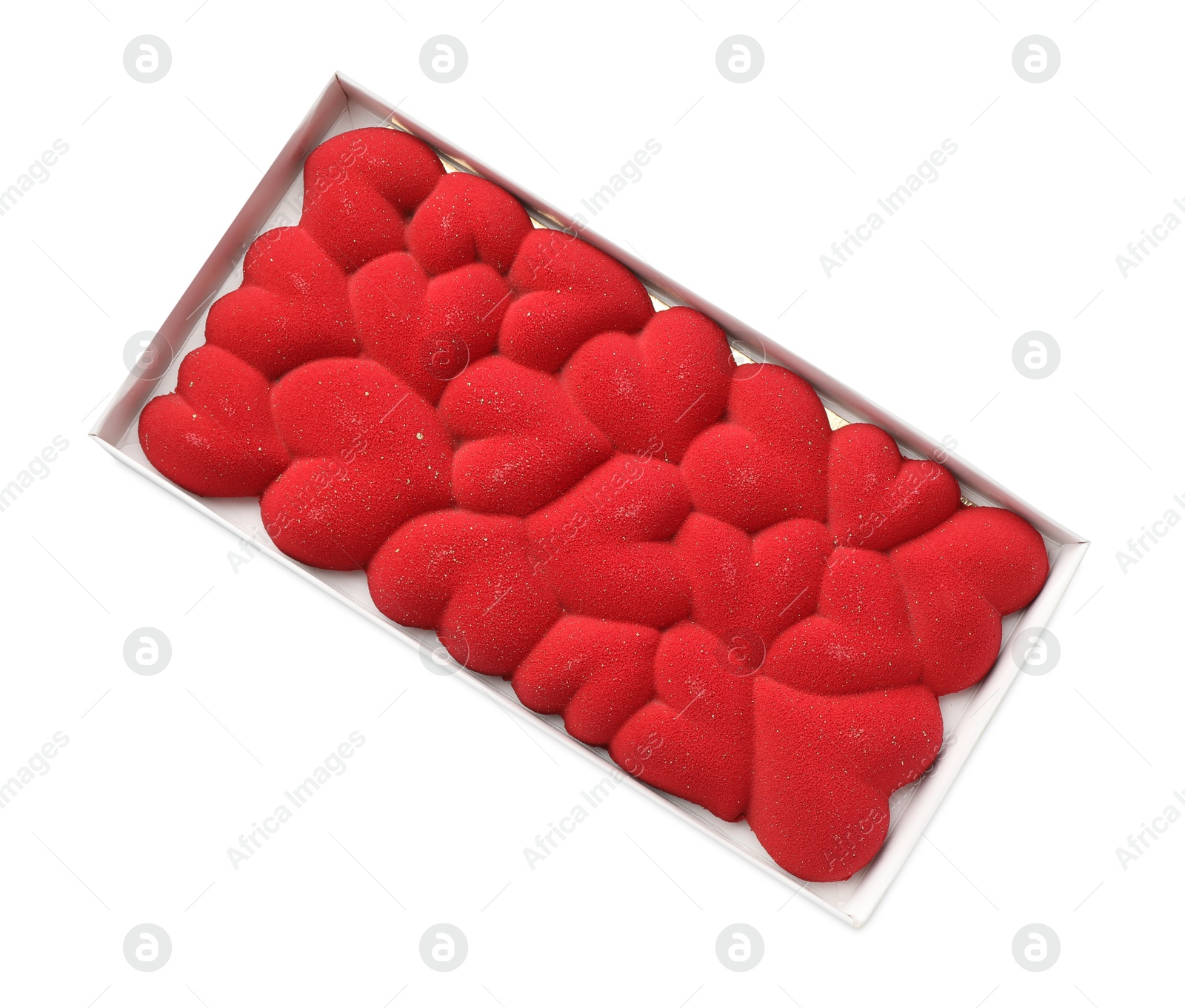 Photo of Chocolate bar decorated with hearts in box isolated on white, top view