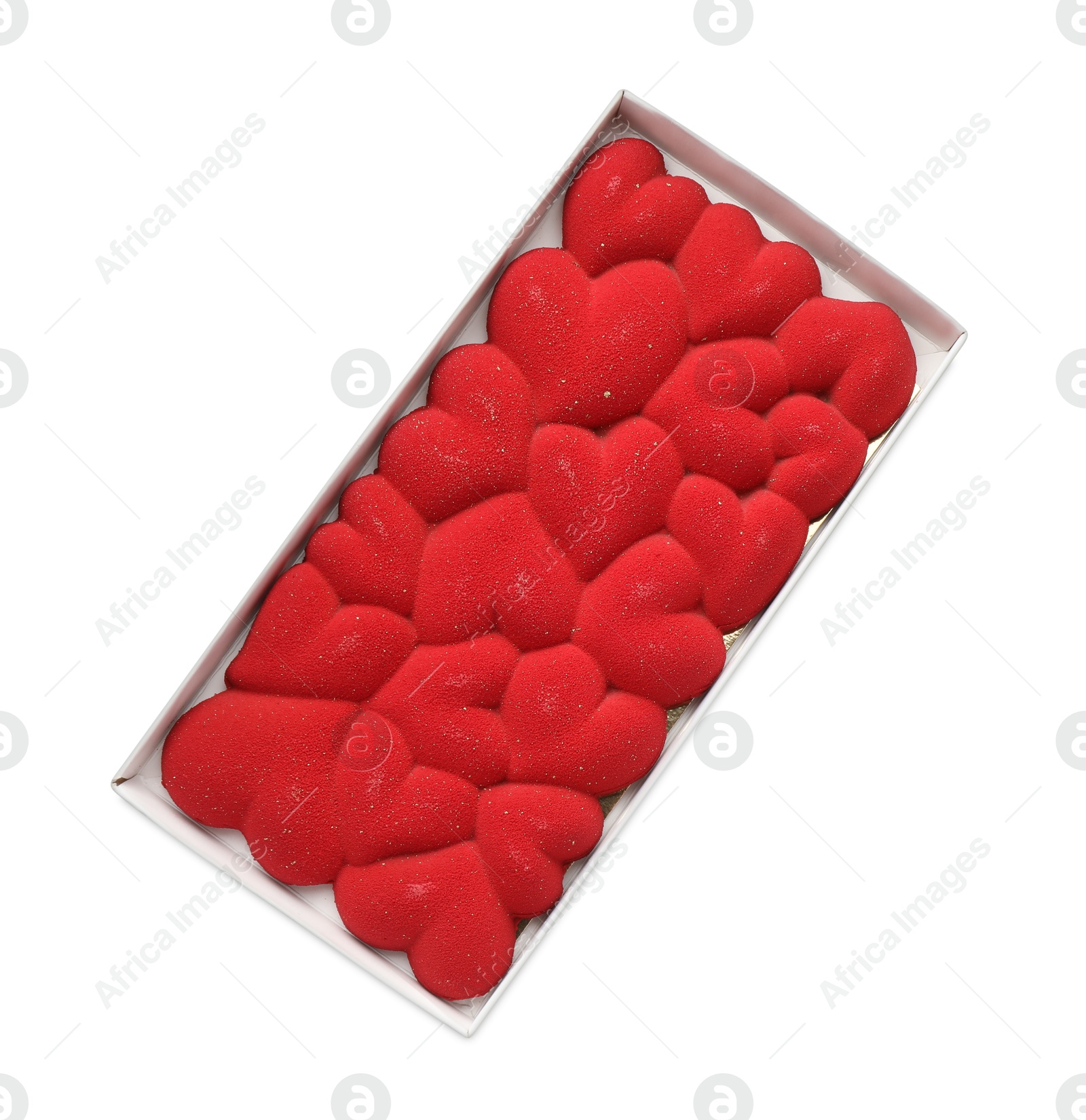 Photo of Chocolate bar decorated with hearts in box isolated on white, top view