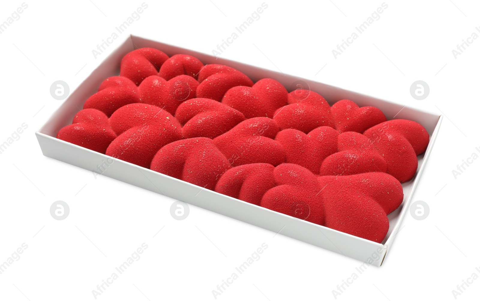 Photo of Chocolate bar decorated with hearts in box isolated on white