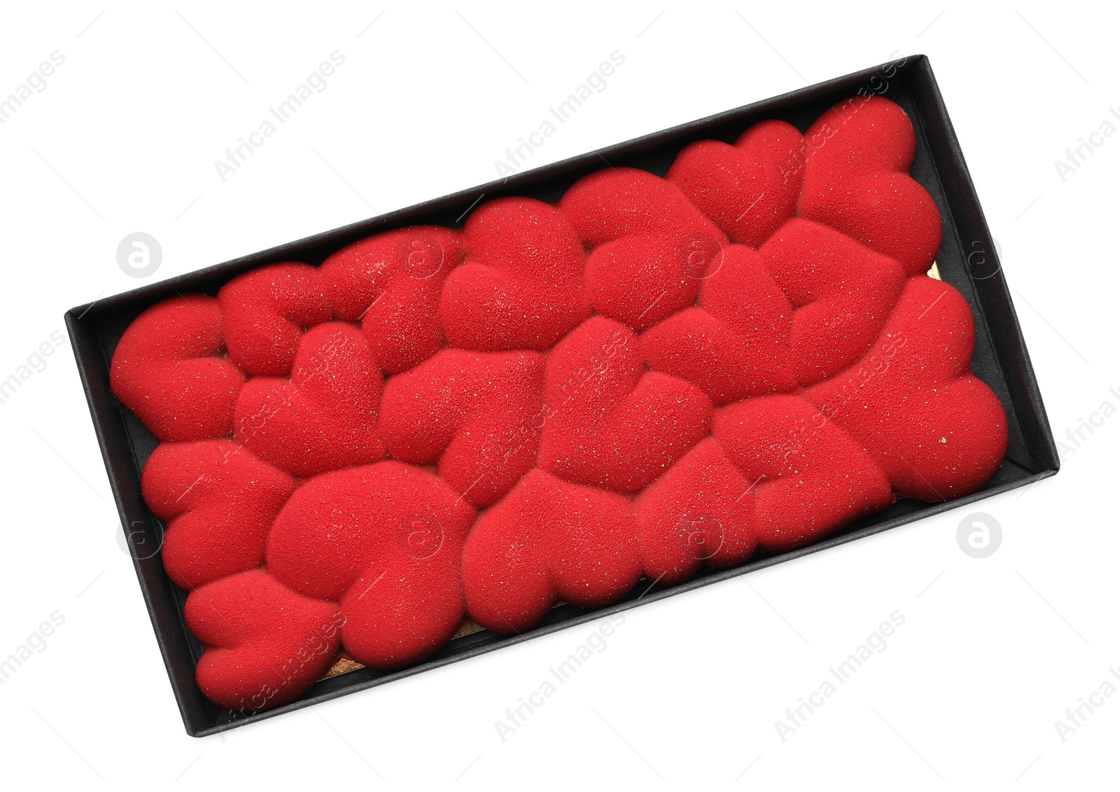 Photo of Chocolate bar decorated with hearts in box isolated on white, top view