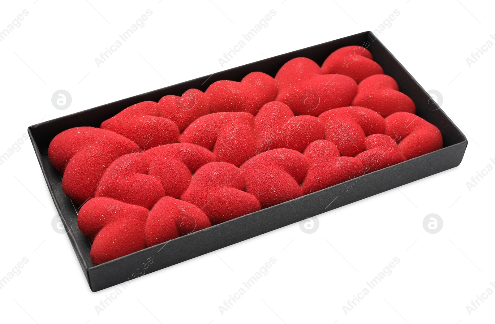 Photo of Chocolate bar decorated with hearts in box isolated on white