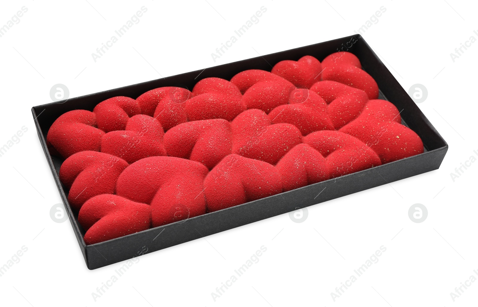 Photo of Chocolate bar decorated with hearts in box isolated on white