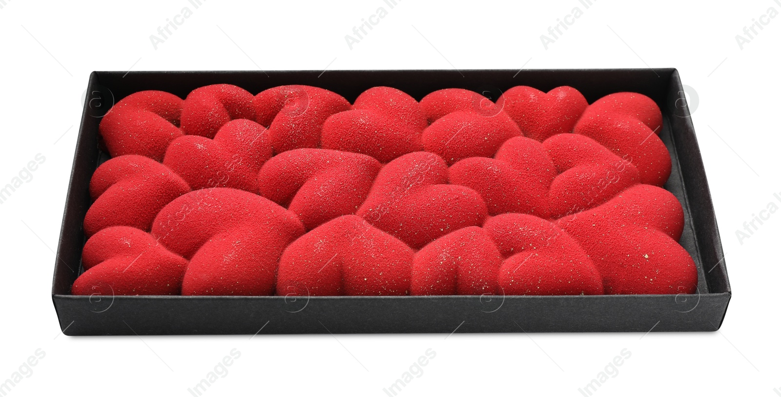 Photo of Chocolate bar decorated with hearts in box isolated on white