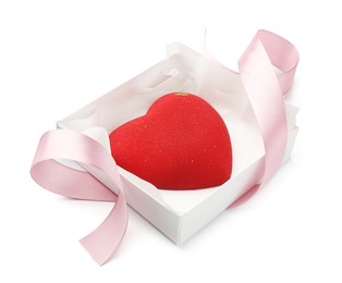 Heart shaped chocolate in box and pink ribbon isolated on white