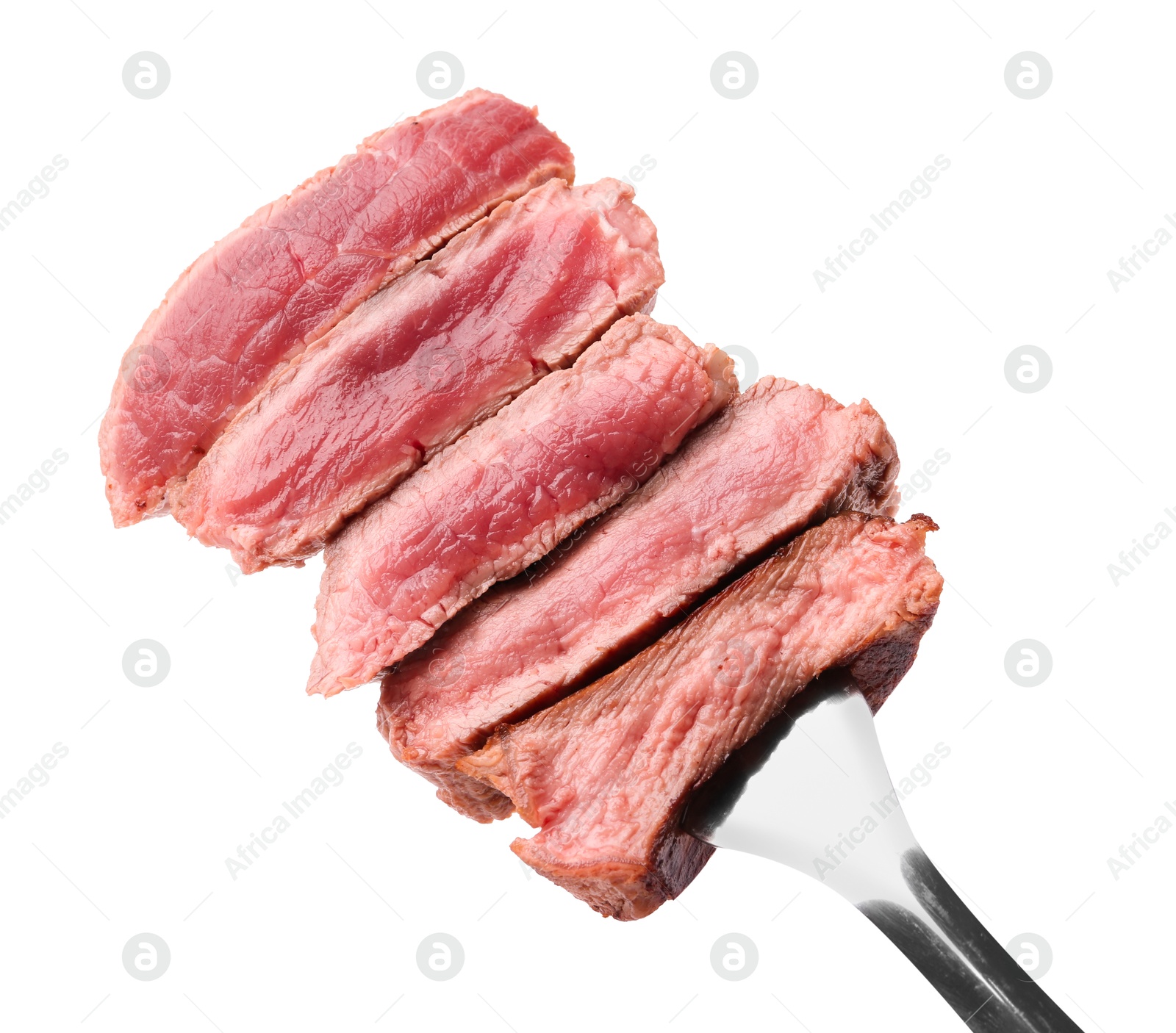 Photo of Delicious sliced beef tenderloin with different degrees of doneness isolated on white