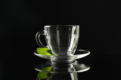 Photo of Glass cup, saucer and mint on dark mirror table