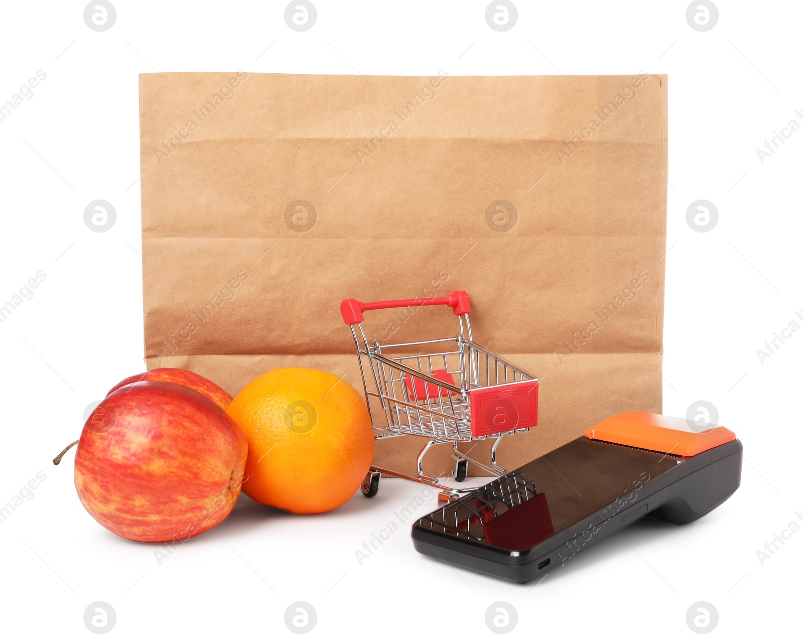 Payment terminal, shopping bag, fruits and mini cart isolated on white Photo of Payment terminal, shopping bag, fruits and mini cart isolated on white