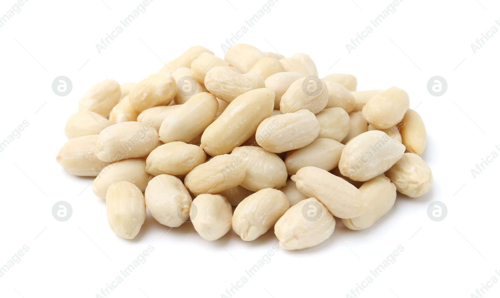 Pile of fresh peeled peanuts isolated on white Photo of Pile of fresh peeled peanuts isolated on white