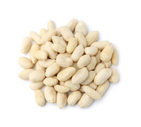 Photo of Pile of fresh peeled peanuts isolated on white, top view