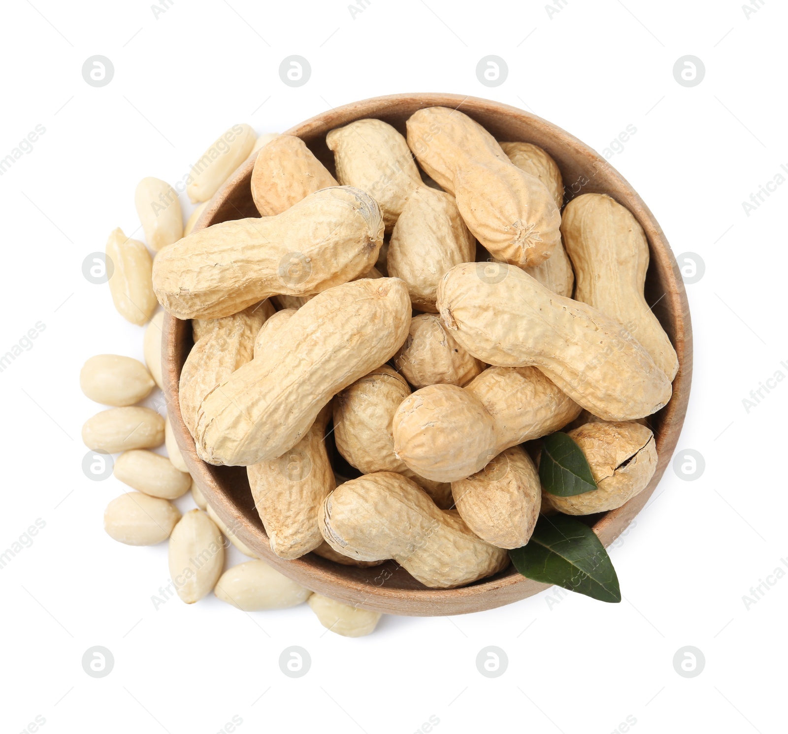 Fresh unpeeled peanuts in bowl and peeled ones isolated on white, top view Photo of Fresh unpeeled peanuts in bowl and peeled ones isolated on white, top view