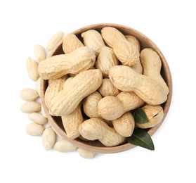 Photo of Fresh unpeeled peanuts in bowl and peeled ones isolated on white, top view