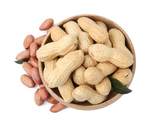 Photo of Fresh peanuts and bowl isolated on white, top view