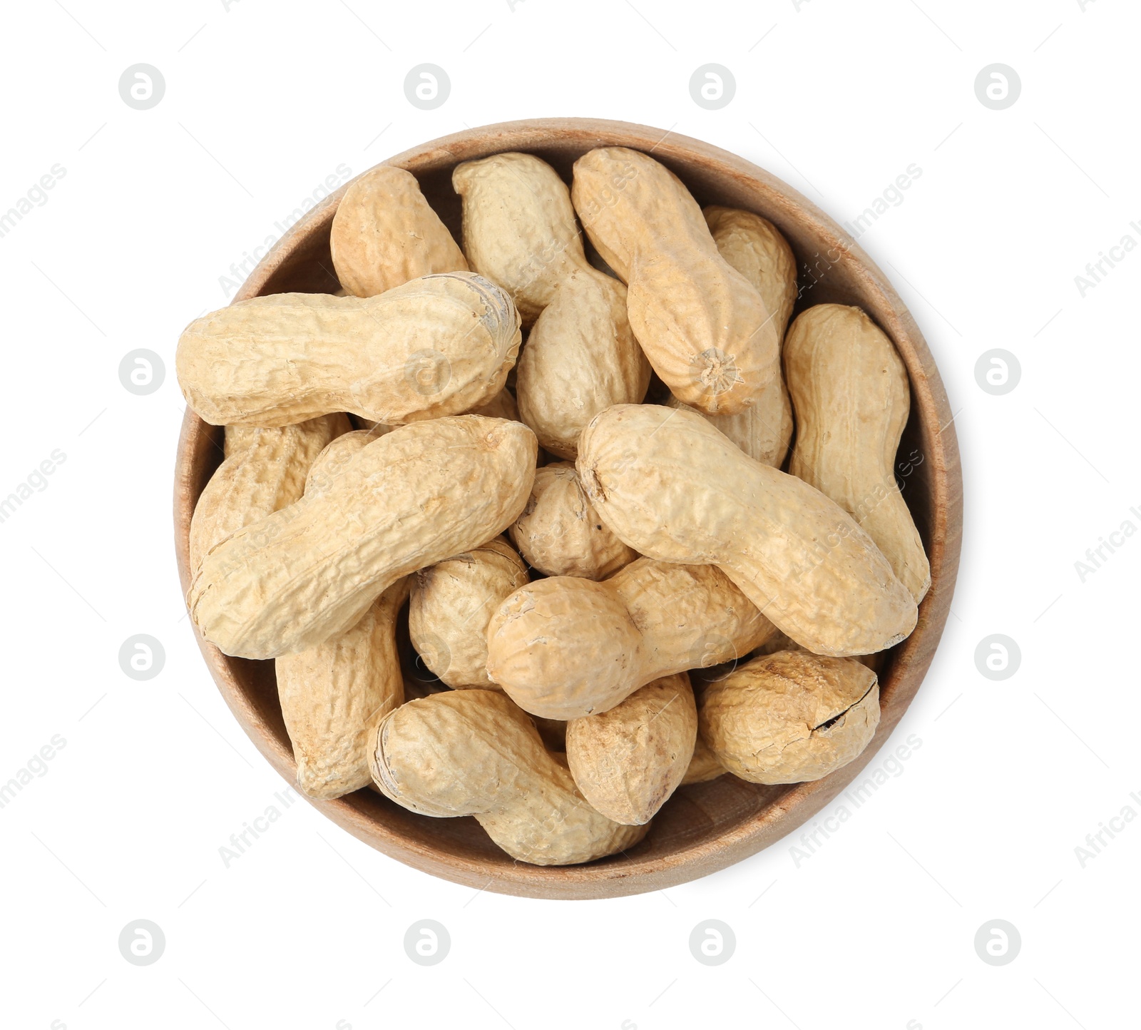 Unpeeled peanuts in bowl isolated on white, top view Photo of Unpeeled peanuts in bowl isolated on white, top view