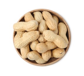 Photo of Unpeeled peanuts in bowl isolated on white, top view