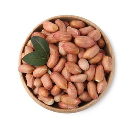 Photo of Fresh peanuts in bowl isolated on white, top view